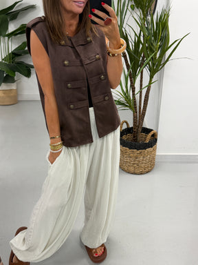 Velour Military Waistcoat - Chocolate