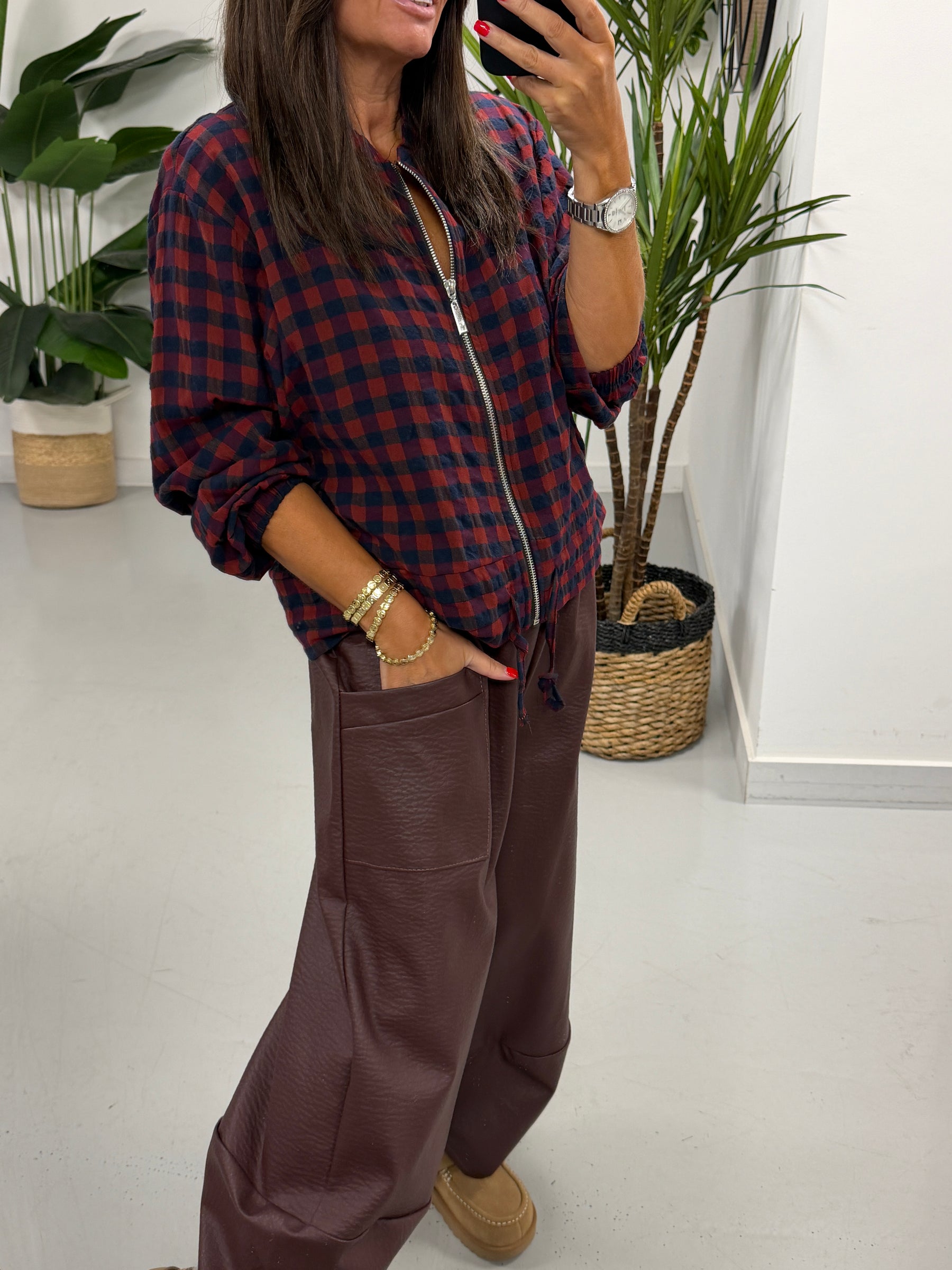 Autumn Check Bomber - Wine/Navy