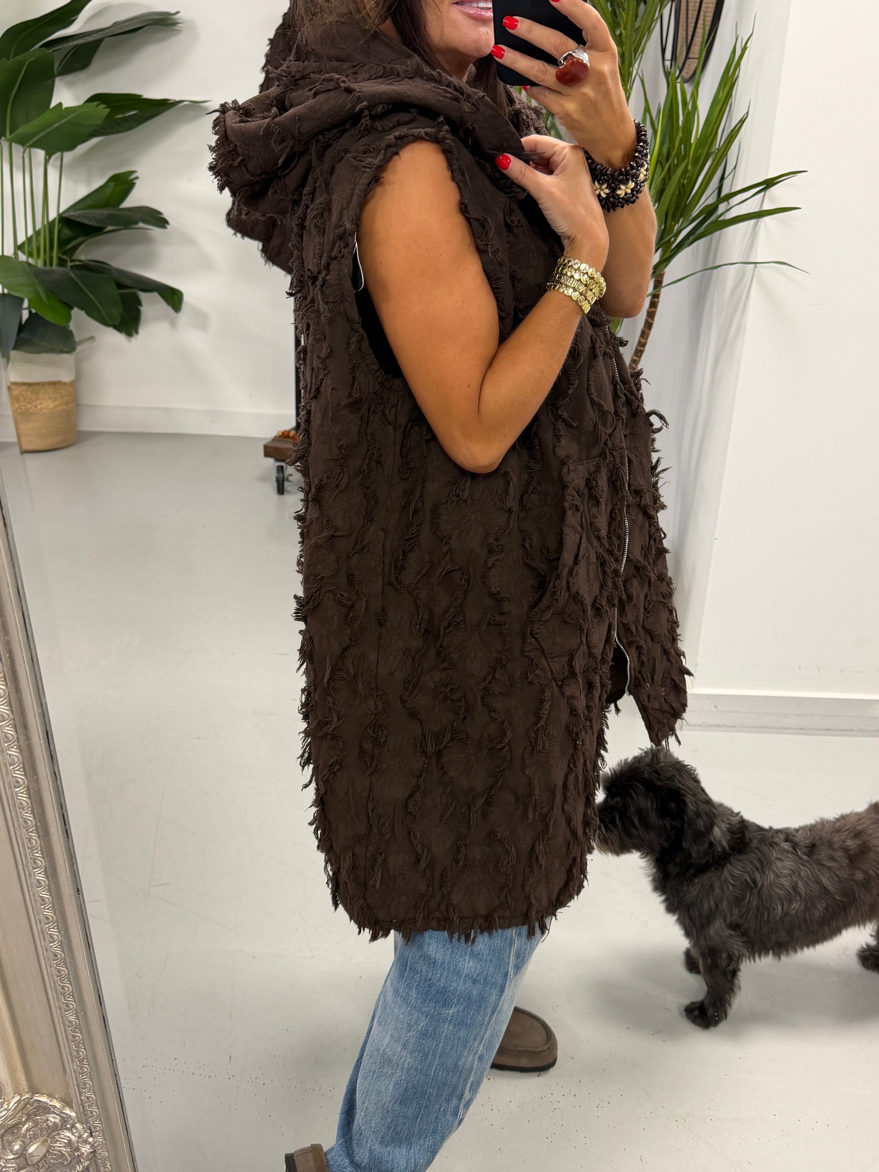 PRE ORDER Shelby Shaggy Hooded Gilet - Chocolate