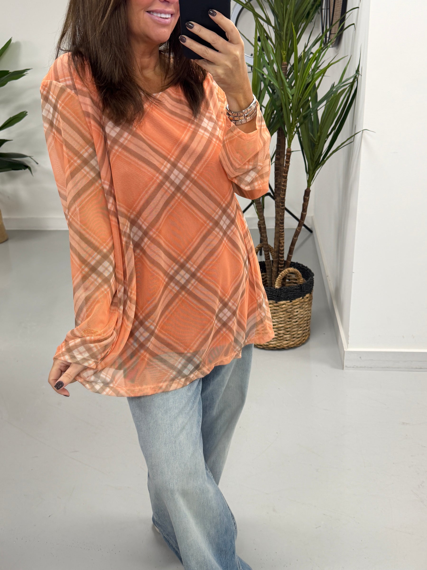 Layered Tartan Mesh Top - Tangerine