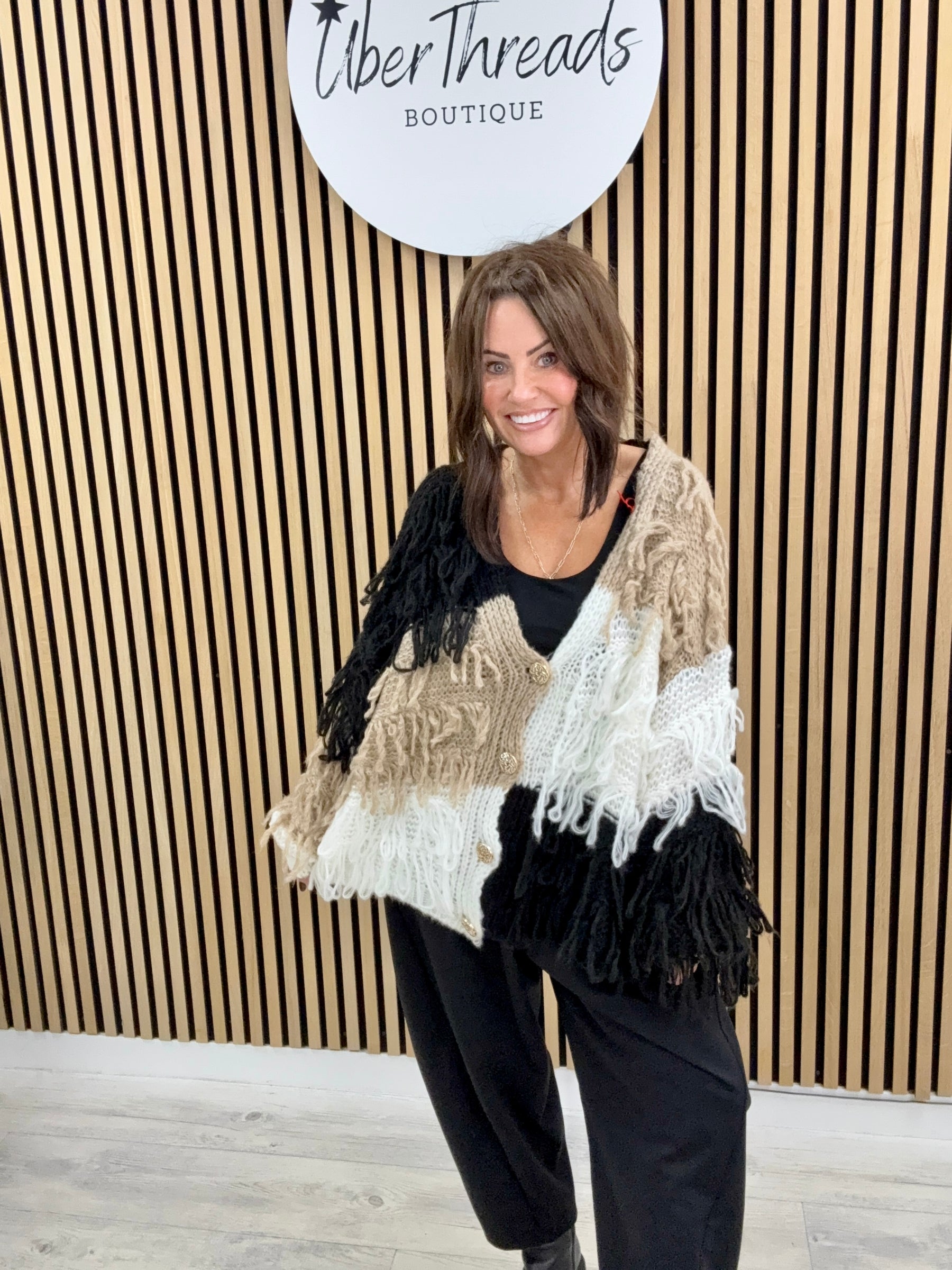 The Shaggy Cardigan - Black/Camel/White