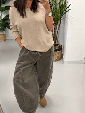 Cord Drawstring Barrel Trousers - Taupe (Size 10-14)