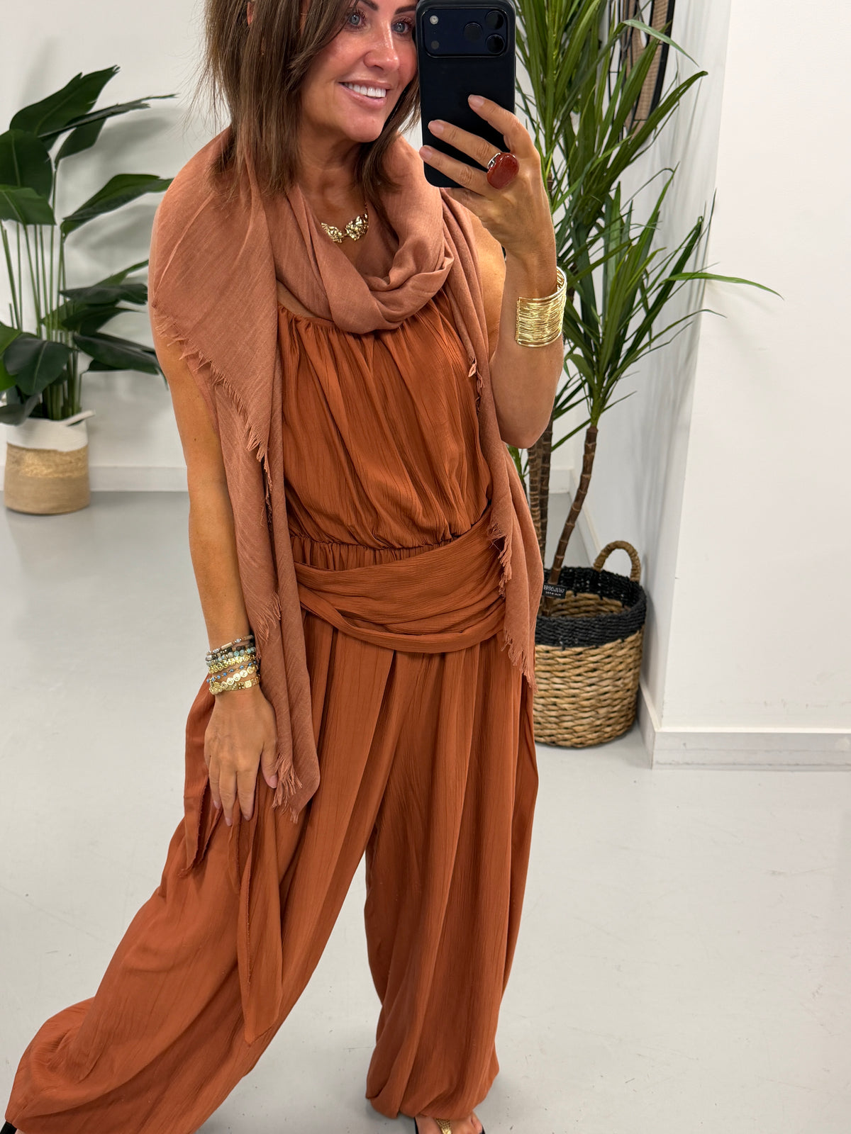 Wrap Crinkle Balloon Jumpsuit - Rust
