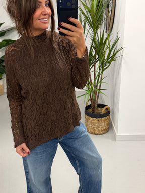 The Lace Turtle Neck Mesh - Chocolate  (Size 12- 16)