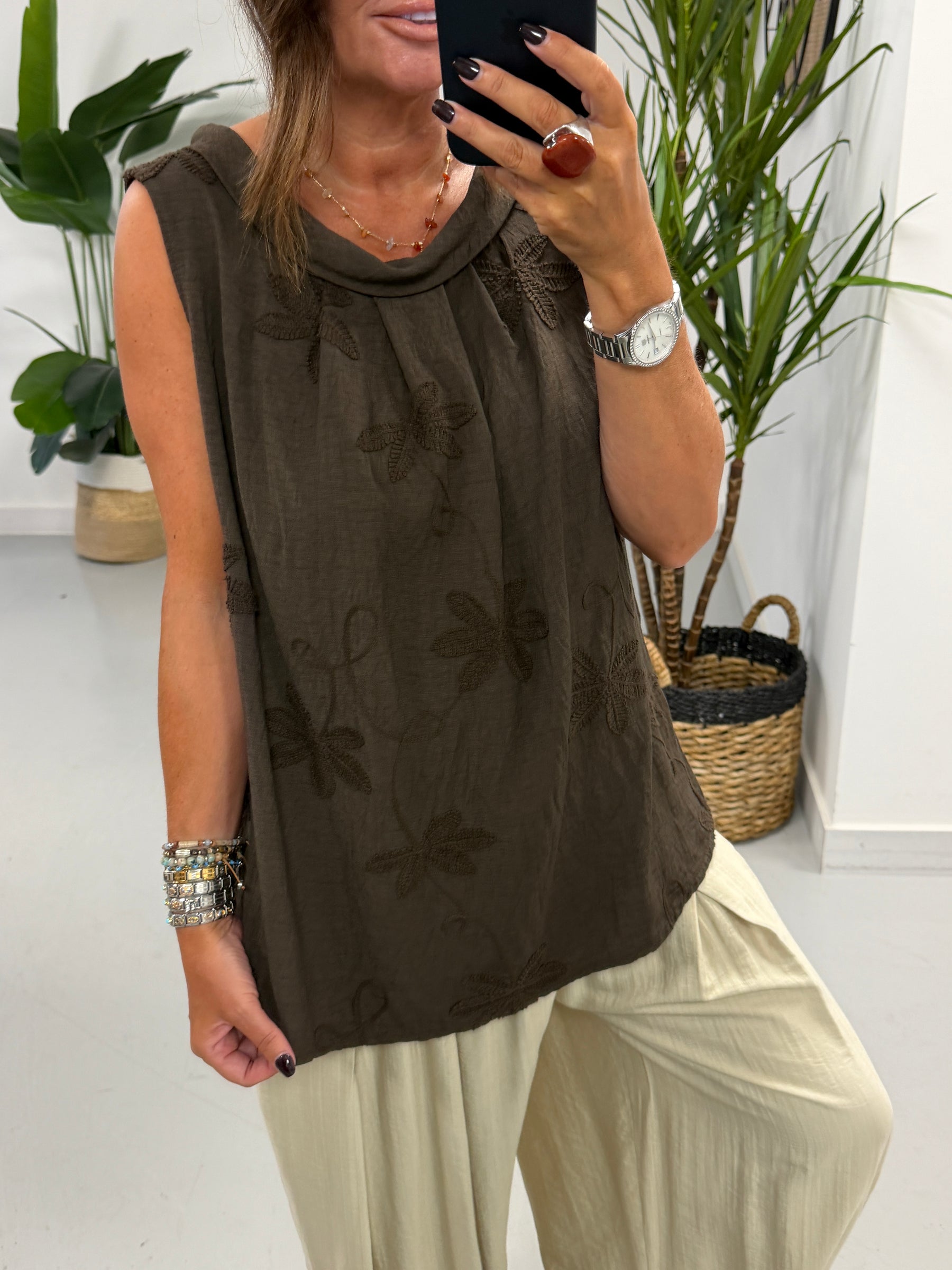 Reverse Collar Embroidered Tunic - Chocolate