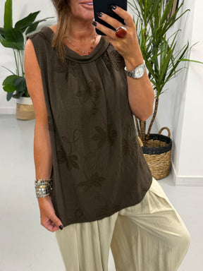 Reverse Collar Embroidered Tunic - Chocolate