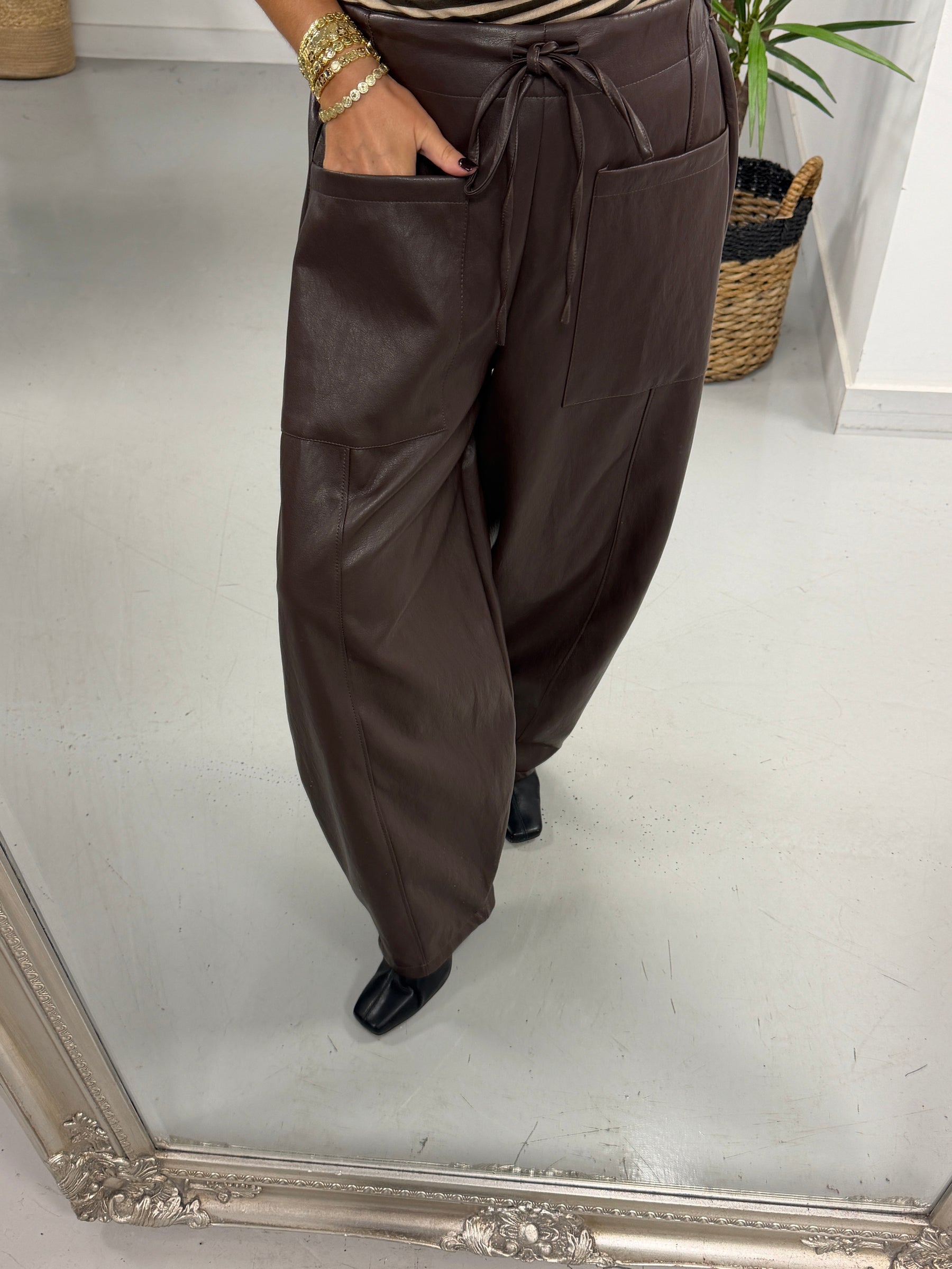 The Mayfair Butter Soft PU Barrel Trousers - Chocolate (Size 12-14)