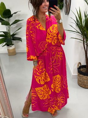 Leaf Cross Over Dress - Pink/Orange