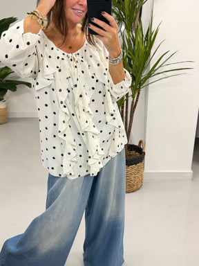 Dotty Waterfall Blouse - White