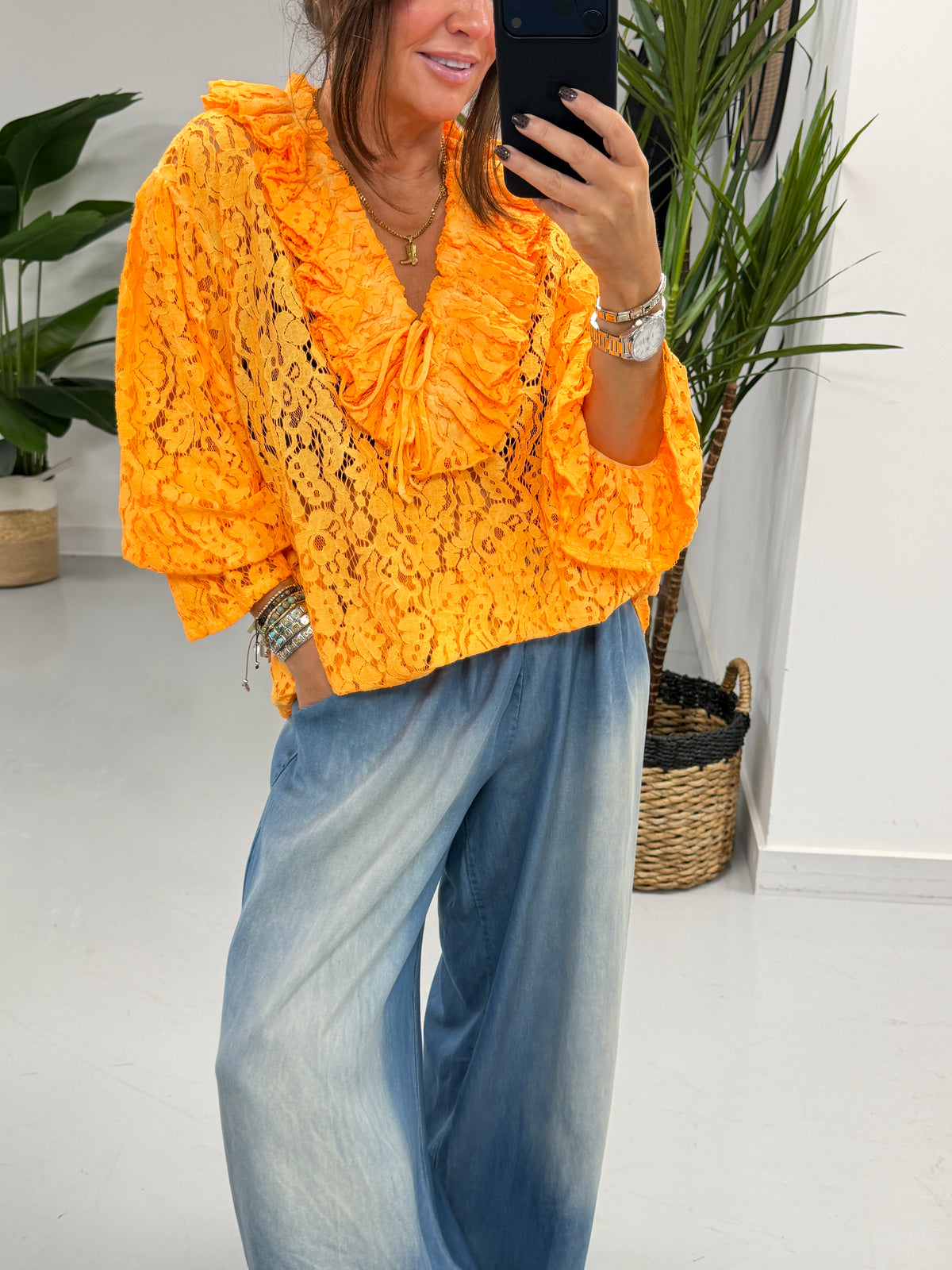 The Lace Ruffle Tie Blouse - Orange