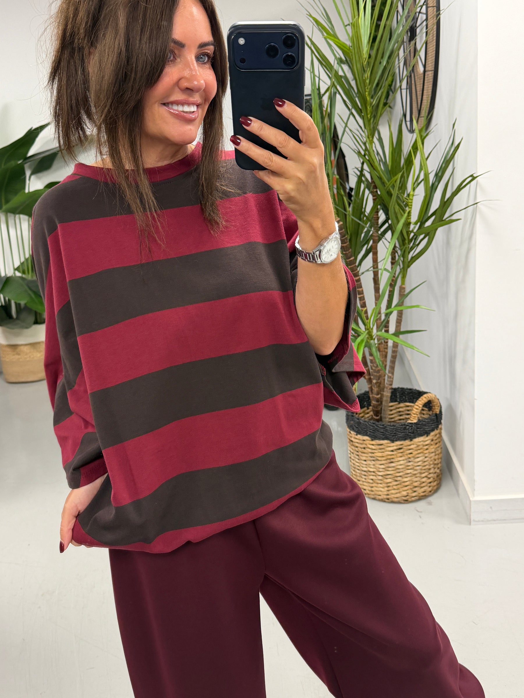 Sunset Stripe Elasticated Hem - Wine/Chocolate  (Size 10-16)