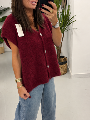 Button Up Slouchy Crop Sleeve Knit - Wine (Size 10-14)