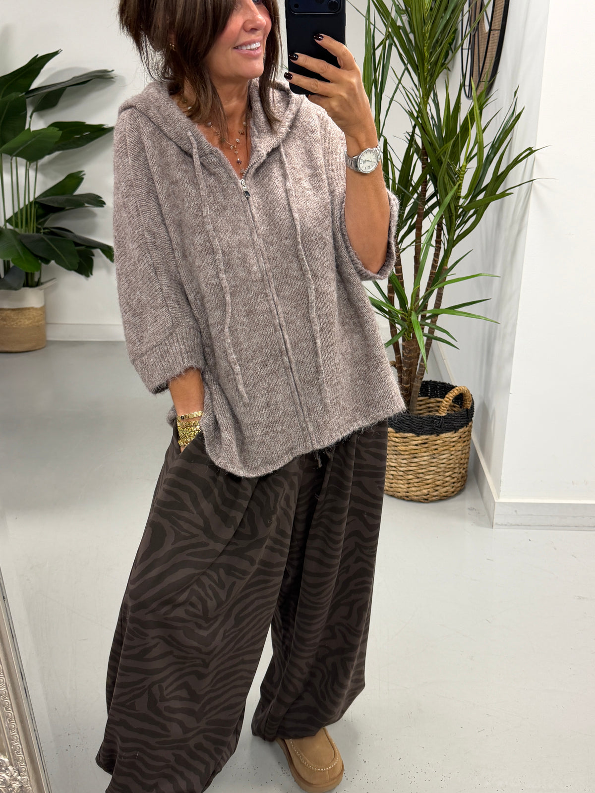 Hooded Zipped Cardigan - Mink(Size 12-18)