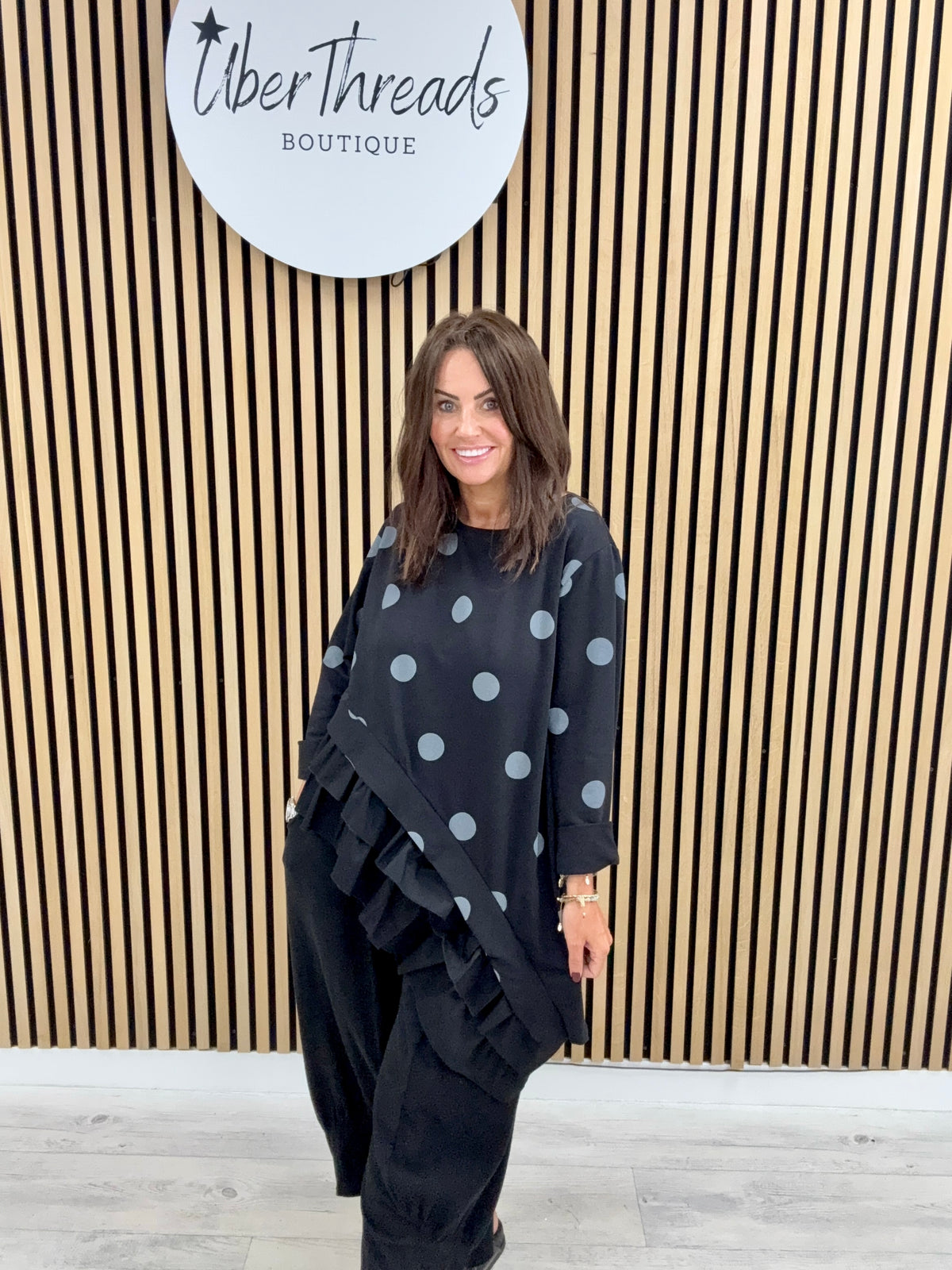 I.D Clothing Polka Dot Frill Tunic - Black