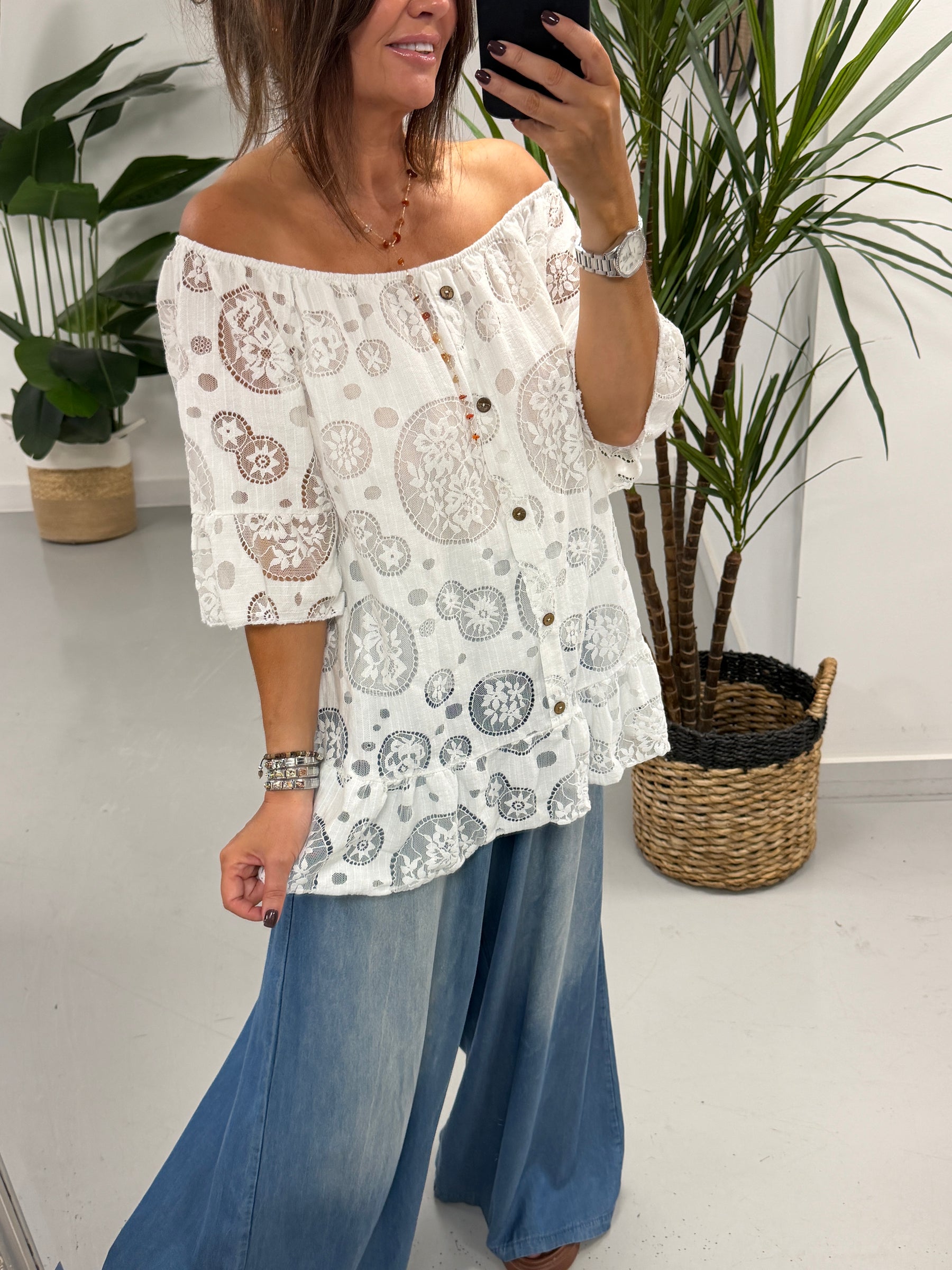 Lacey Button Bardot - White