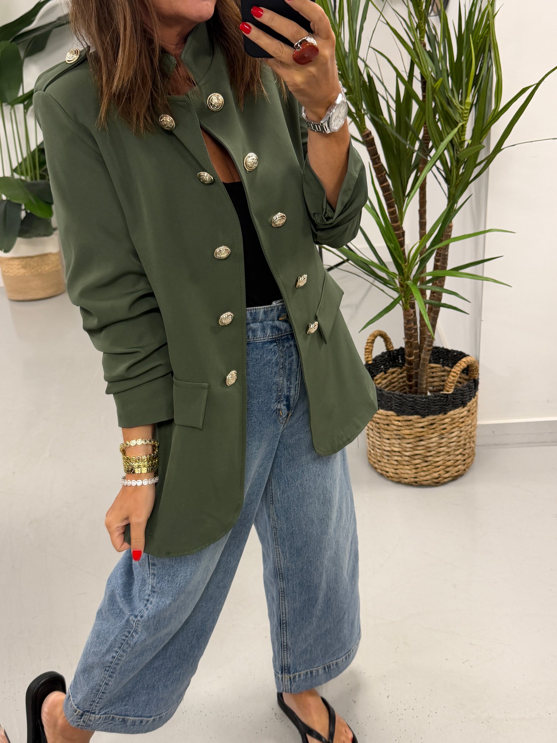 Military Ruched Sleeve Blazer - Khaki