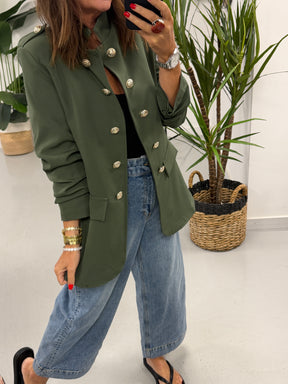 Military Ruched Sleeve Blazer - Khaki
