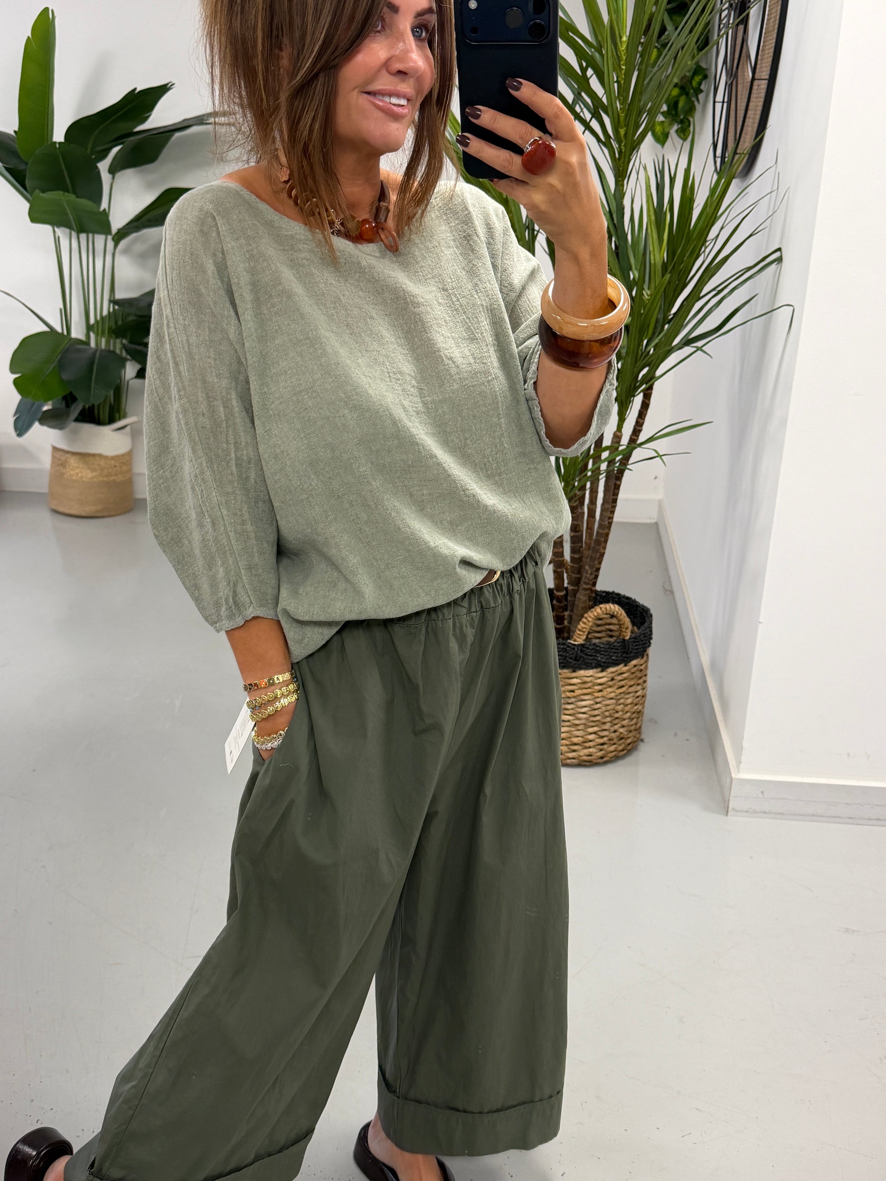 Linen Blend Boxy Top - Khaki