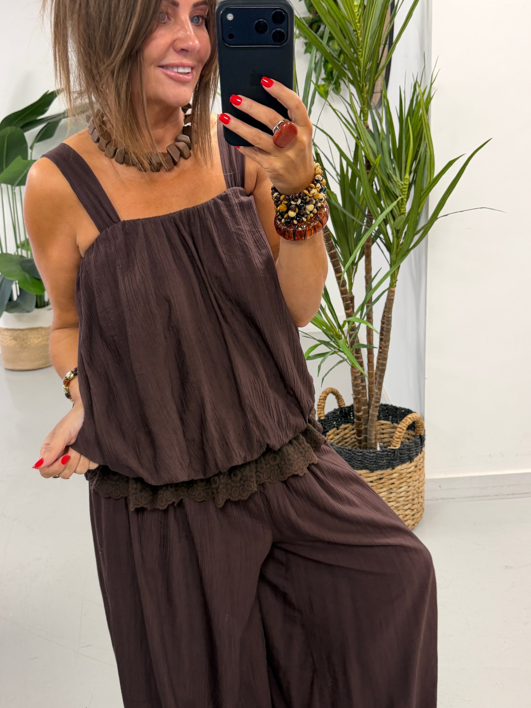 Crinkle Bubble Hem/Lace Cami - Chocolate