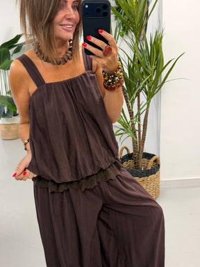 Crinkle Bubble Hem/Lace Cami - Chocolate