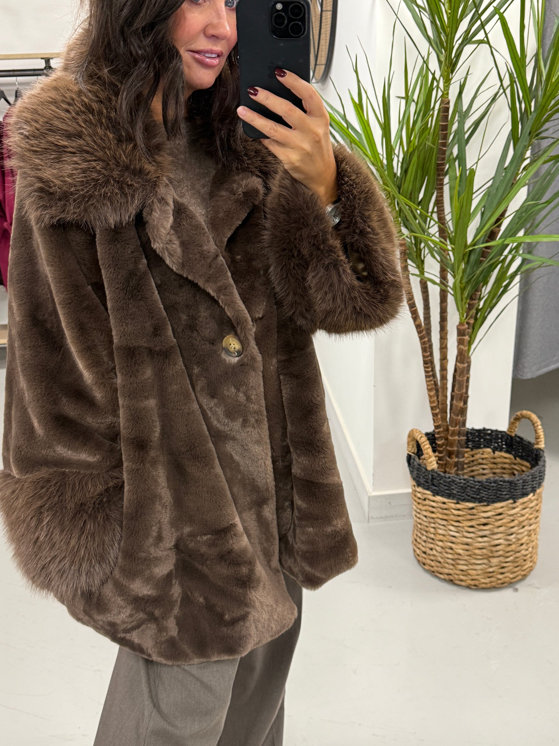 Kensington Faux Fur Swing Jacket - Chocolate