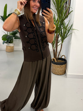 Military Patterned Knitted Waistcoat - Chocolate/Black