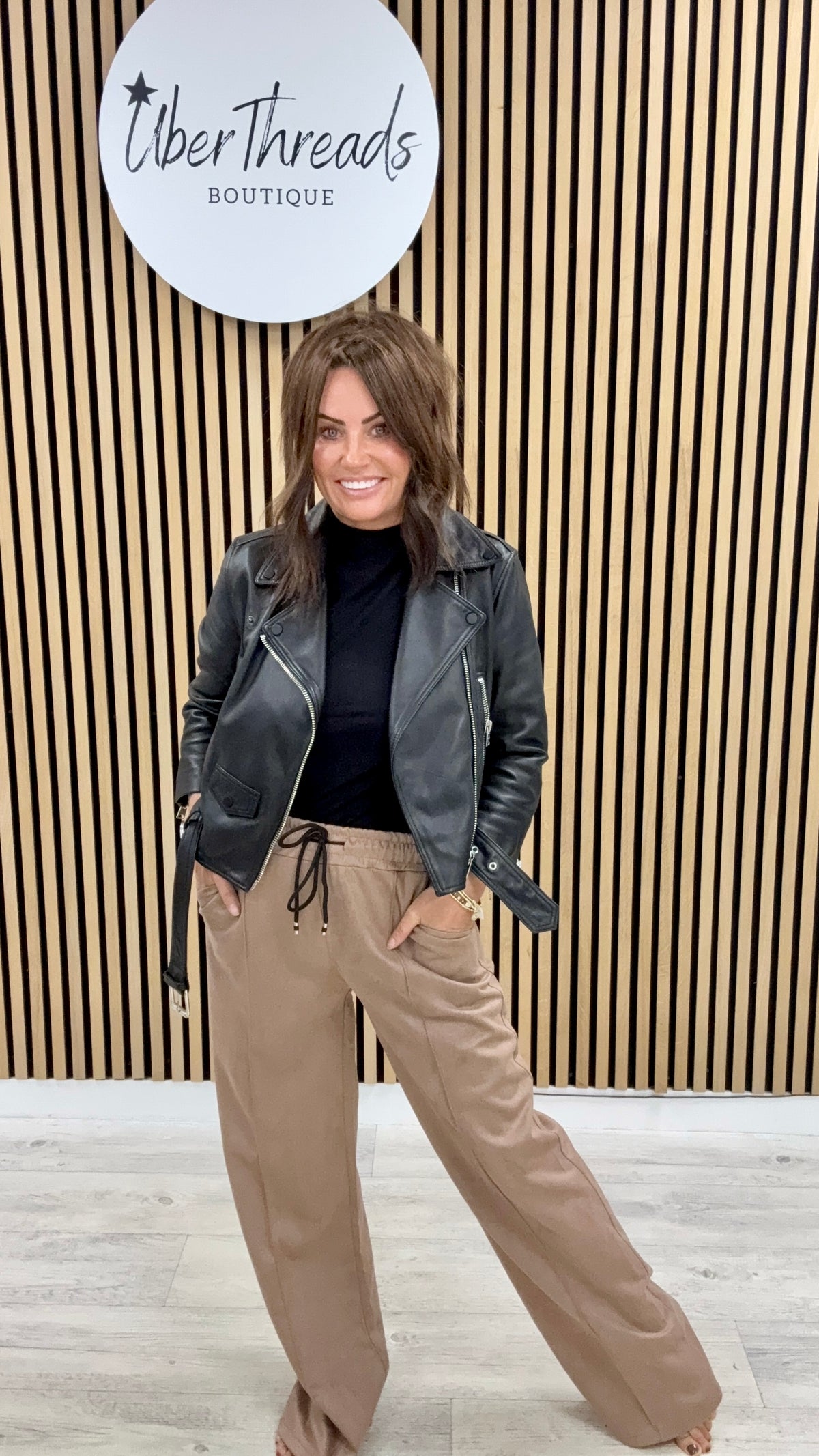 Wide Leg Seam Faux Suede Jogger - Camel