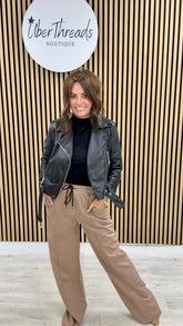 Wide Leg Seam Faux Suede Jogger - Camel