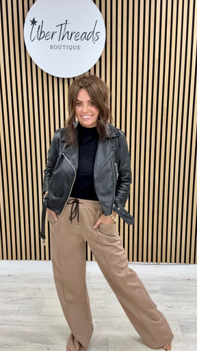 Wide Leg Seam Faux Suede Jogger - Camel