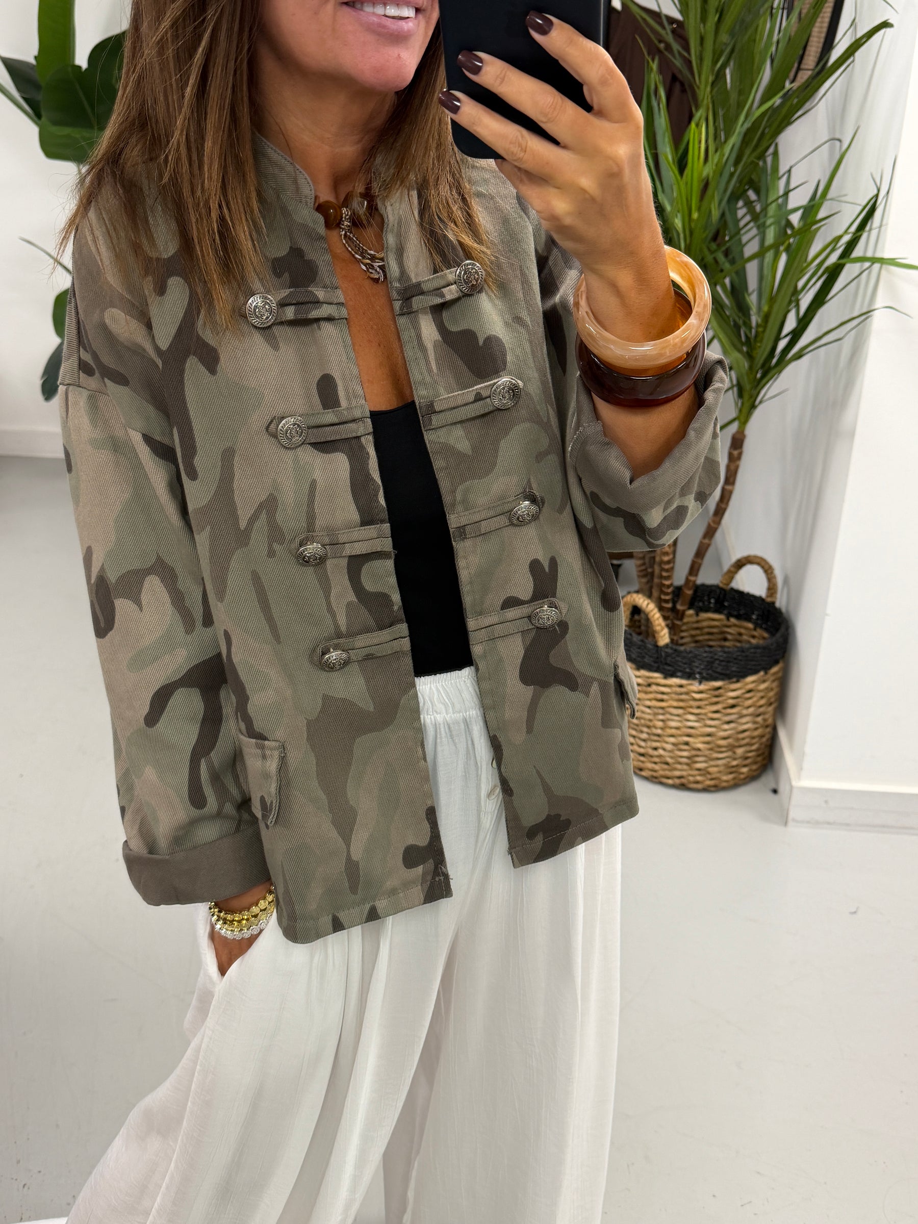 Camo Denim Military Jacket - Light Khaki/Mocha