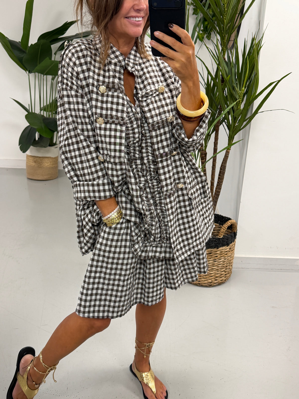 Gingham Military Jacket - Chocolate