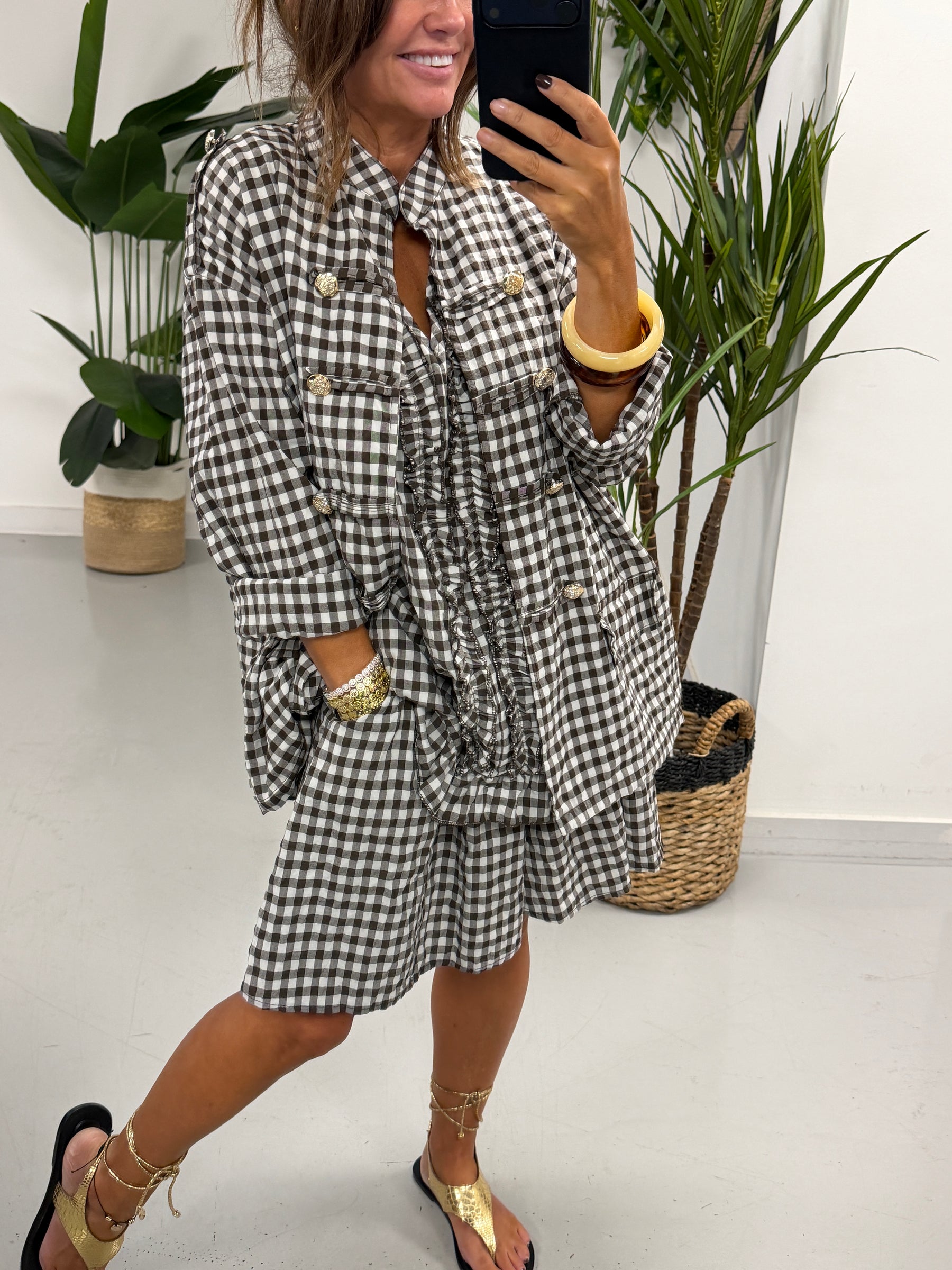 Gingham Military Jacket - Chocolate