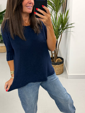 Crop Sleeve Boat Neck Knit - Navy