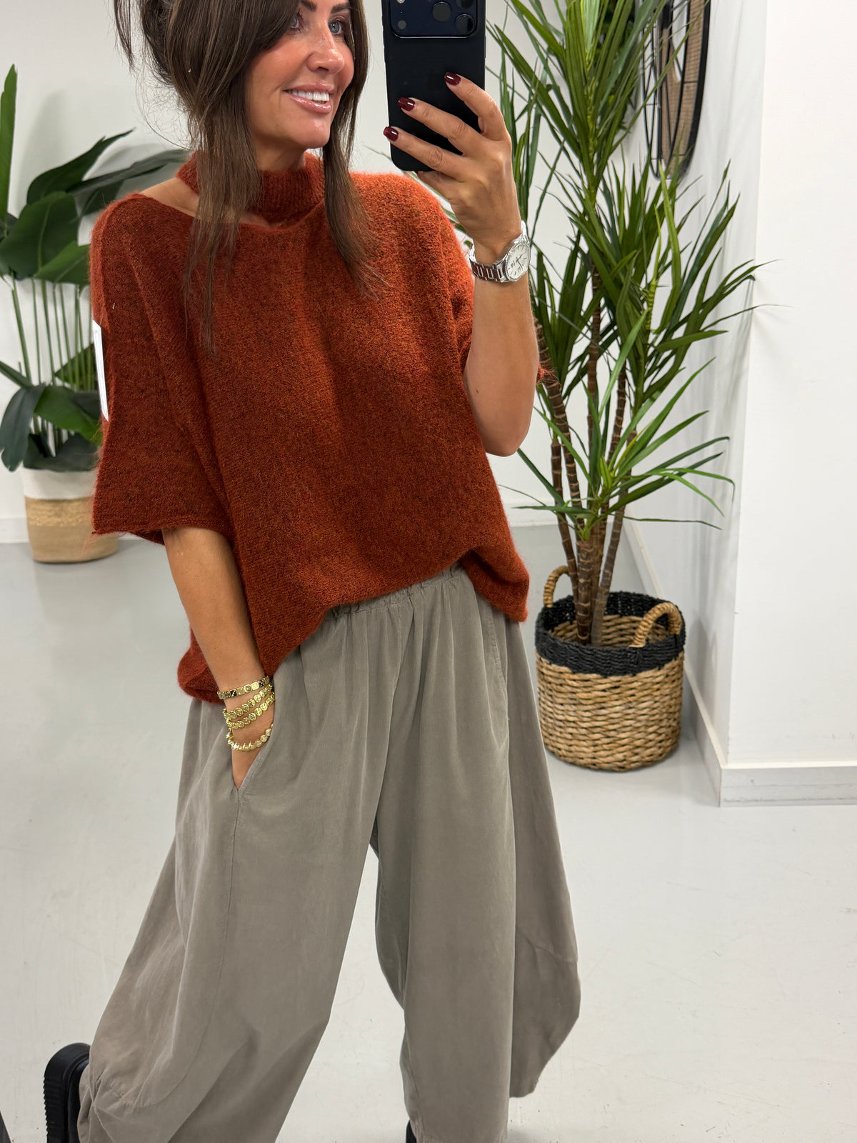 Crop Sleeve Slash Neck Knit  - Rust (Size 10-14/16)