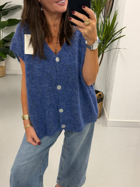 Button Up Slouchy Crop Sleeve Knit - Denim Blue  (Size 12-18)