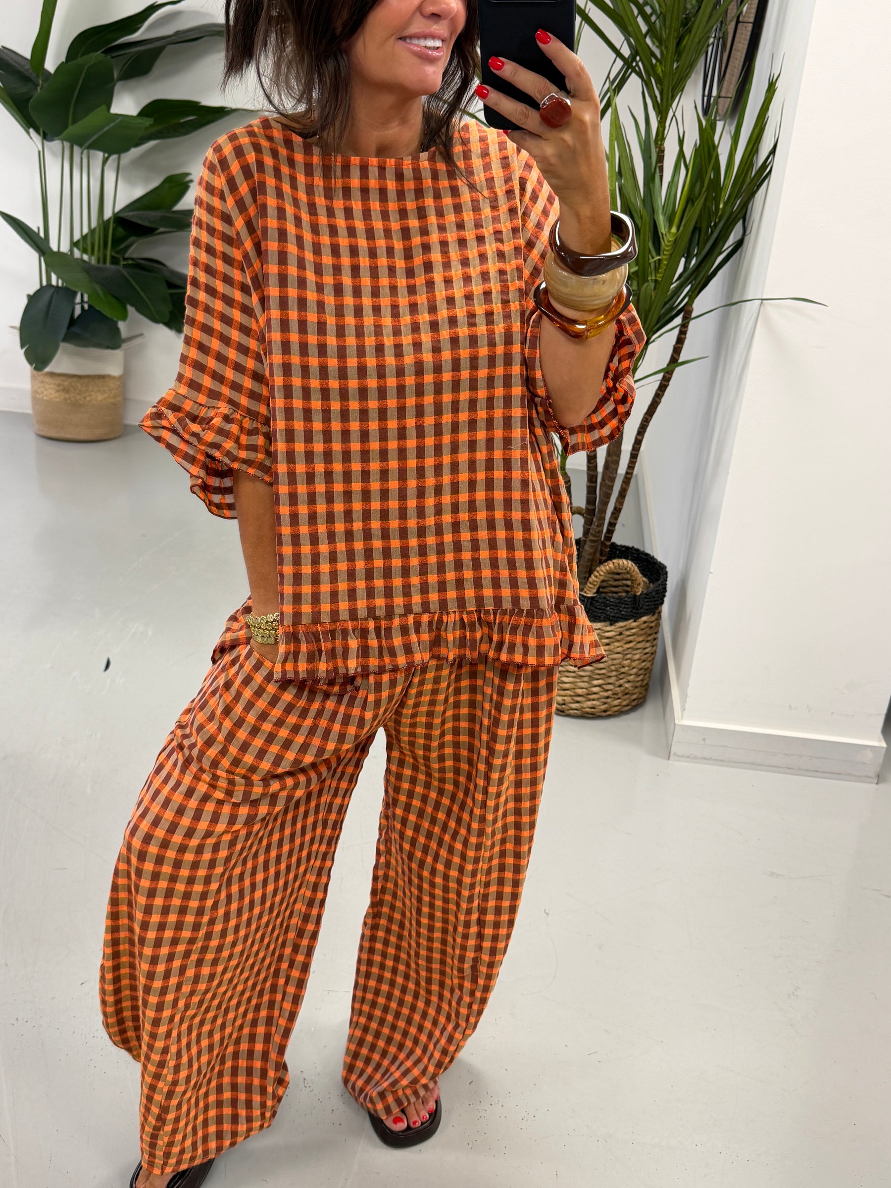 The Autumn Check Baggy Barrel Trousers - Orange