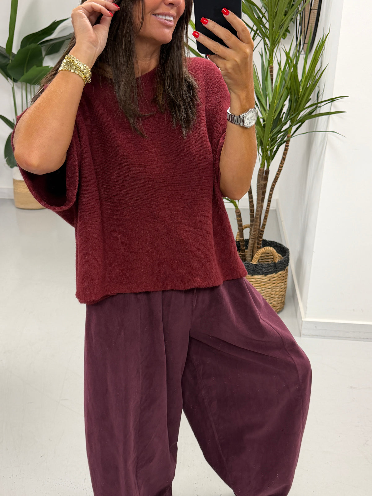 Gracie Crop Sleeve Knit - Wine