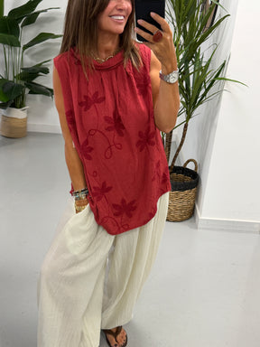 Reverse Collar Embroidered Tunic - Wine