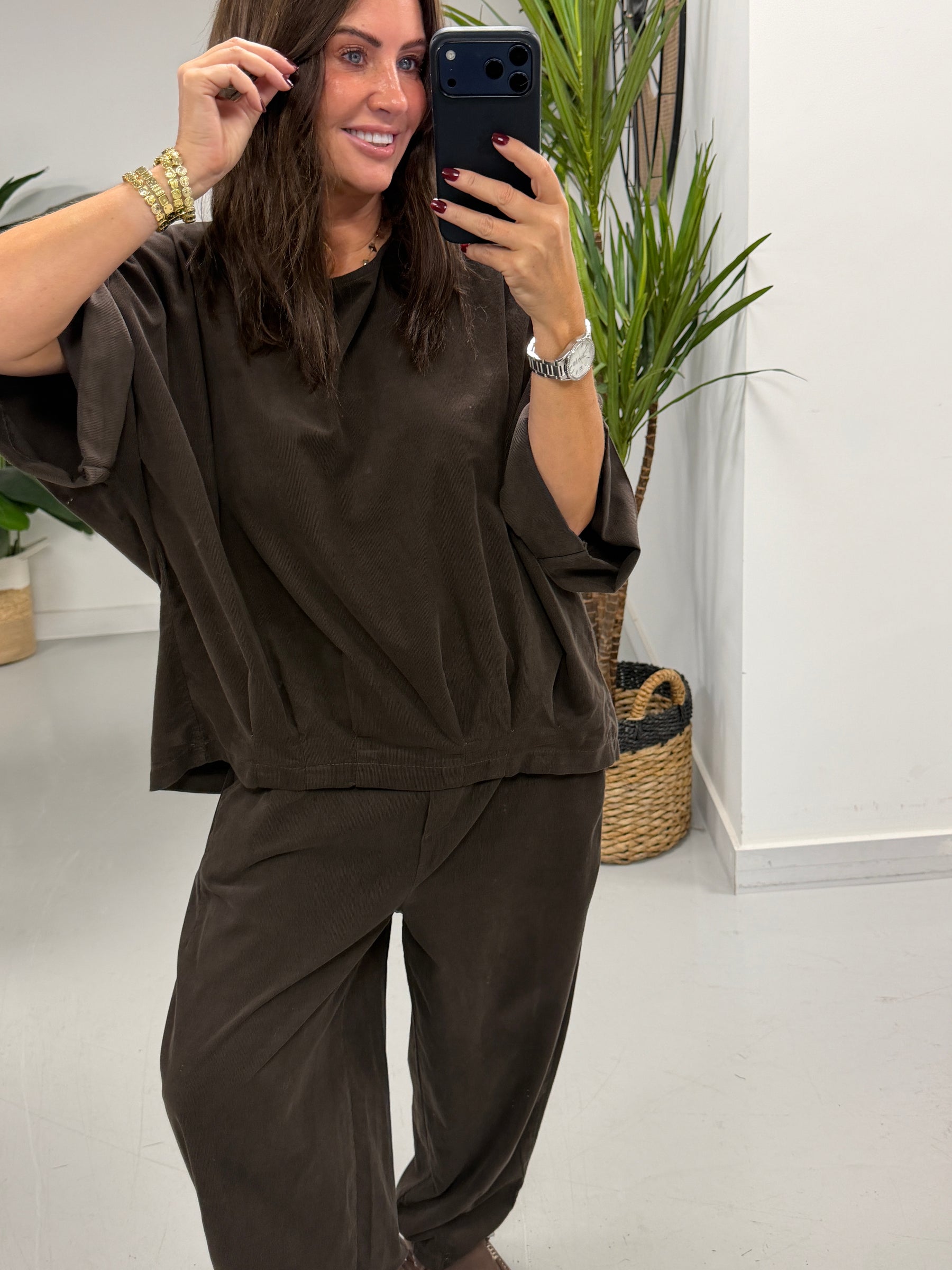 The Needlecord Crop Sleeve Tunic- Chocolate (Size 10/16)