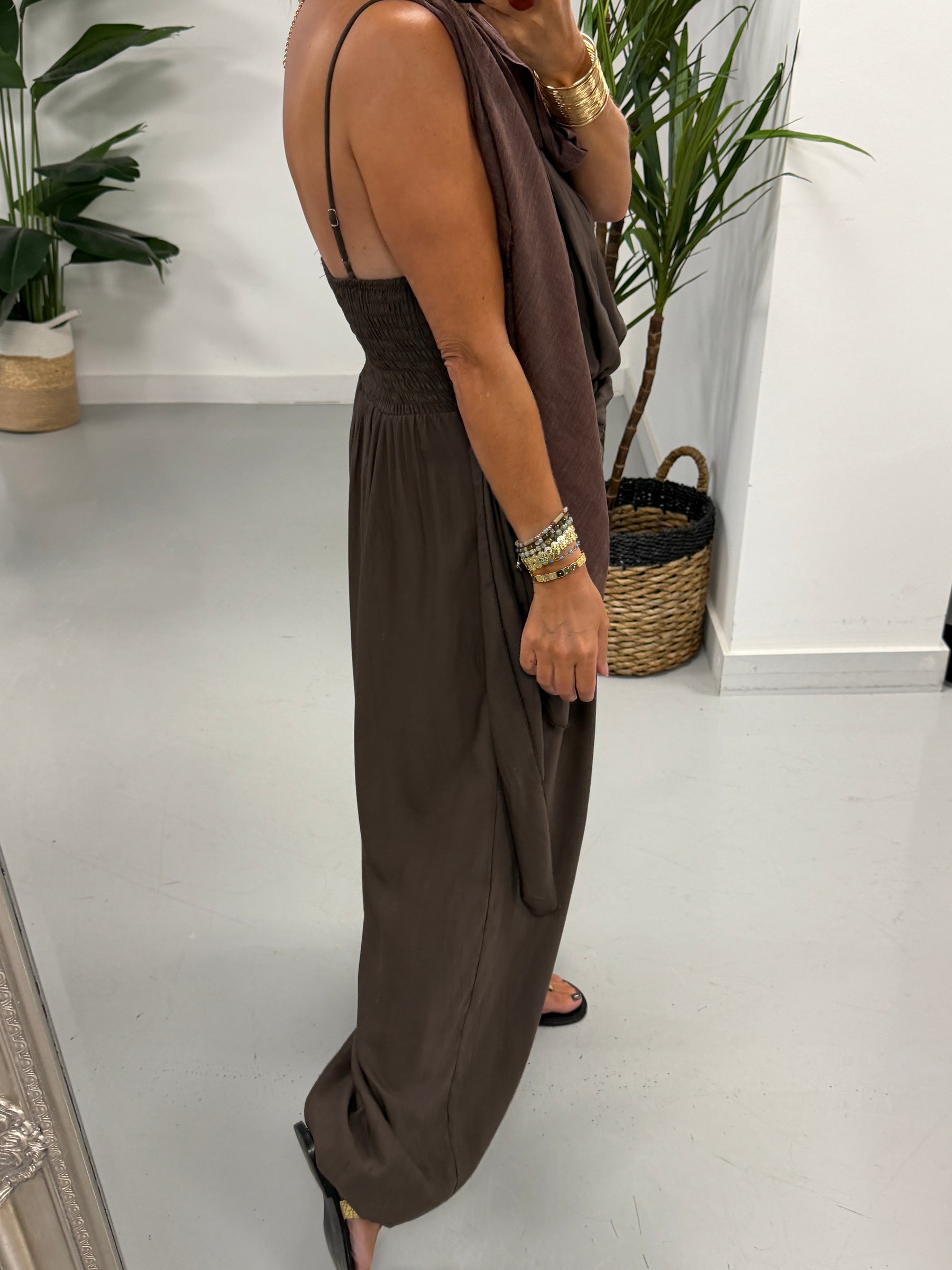 Wrap Crinkle Balloon Jumpsuit - Chocolate