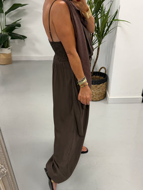 Wrap Crinkle Balloon Jumpsuit - Chocolate