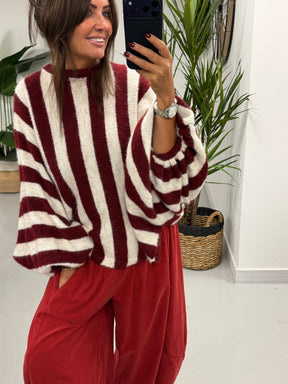 Zeta Otto Stripe Chunky Sleeve Knit - Wine (Size 10-18)