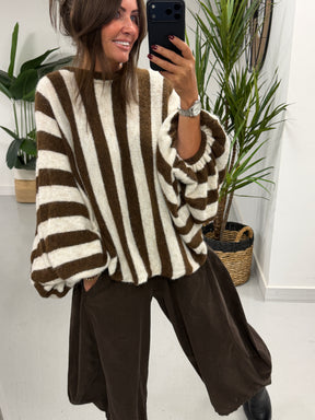 Zeta Otto Stripe Chunky Sleeve Knit - Chocolate (Size 10-18)