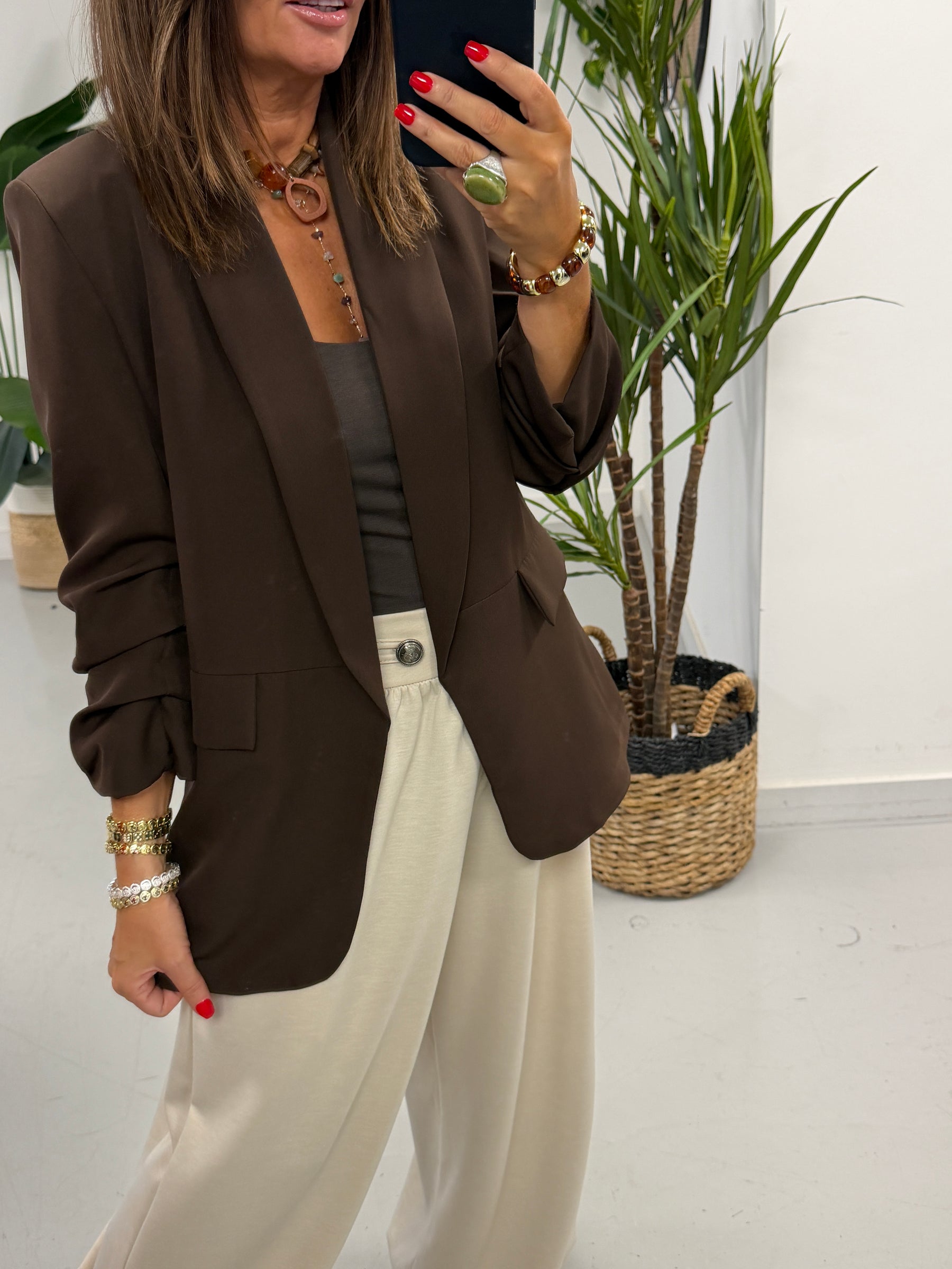 Ruched Sleeve Blazer - Chocolate (Std sizes)