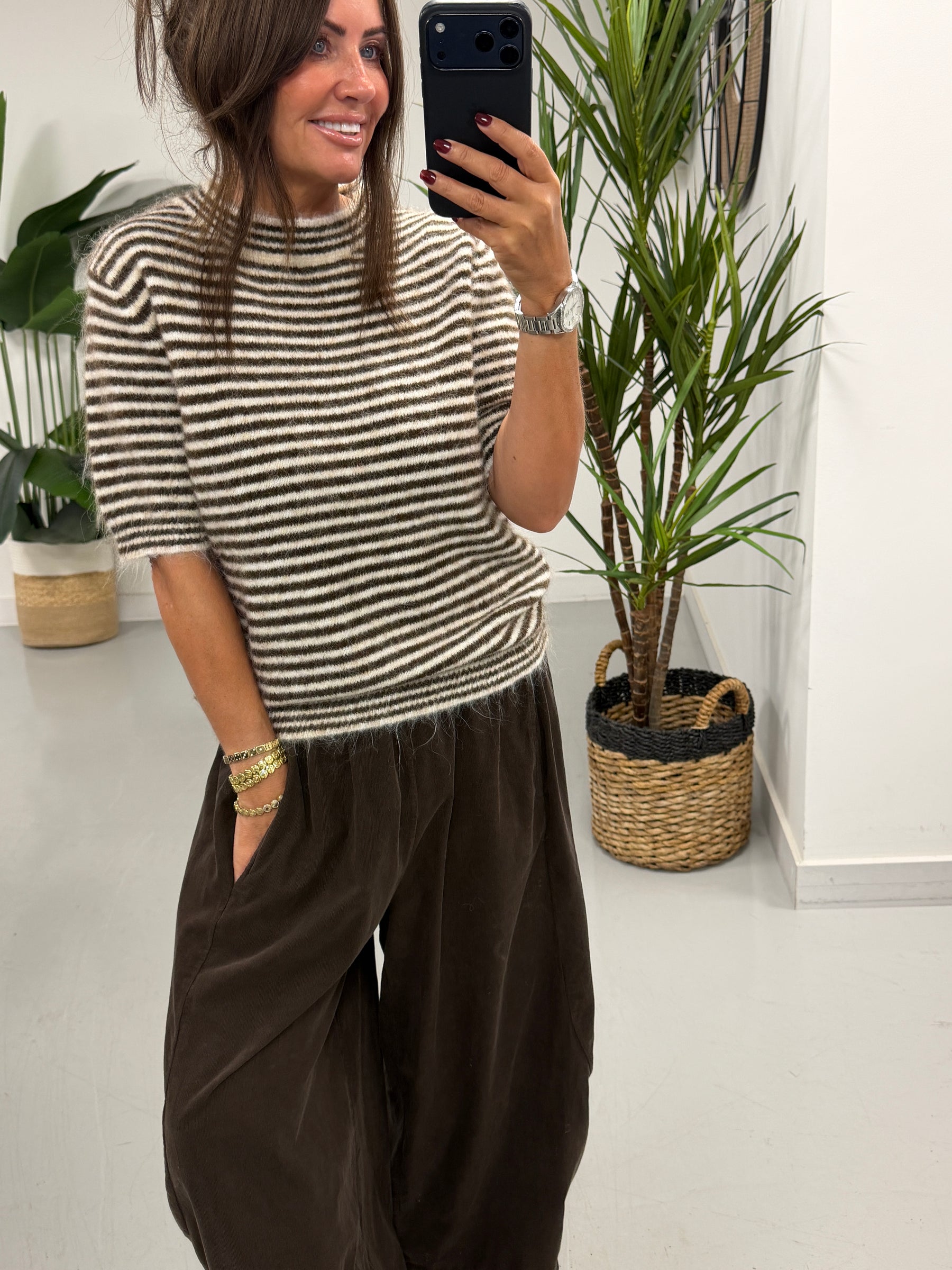 Stripe Crop Sleeve Knit  - Cream/Chocolate (Size 8-14)