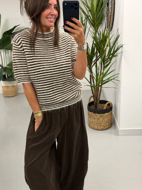 Stripe Crop Sleeve Knit  - Cream/Chocolate (Size 8-14)