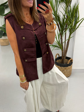 Velour Military Waistcoat - Wine