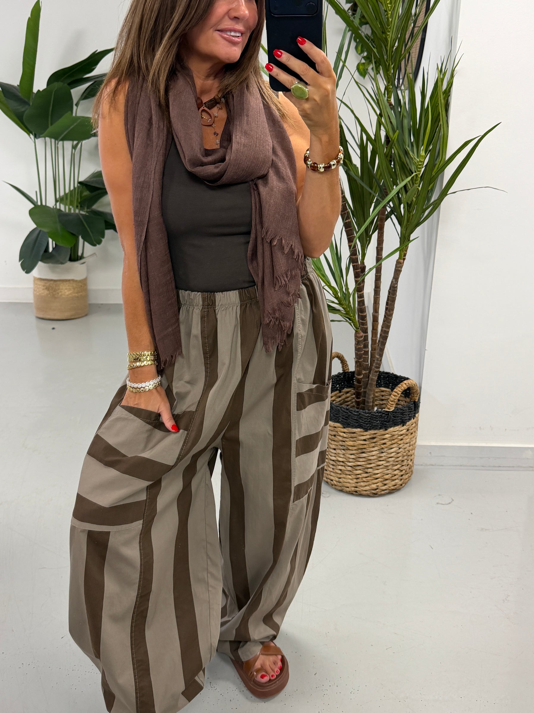 Bailey Wide Stripe Barrel Pants - Taupe/Light Chocolate