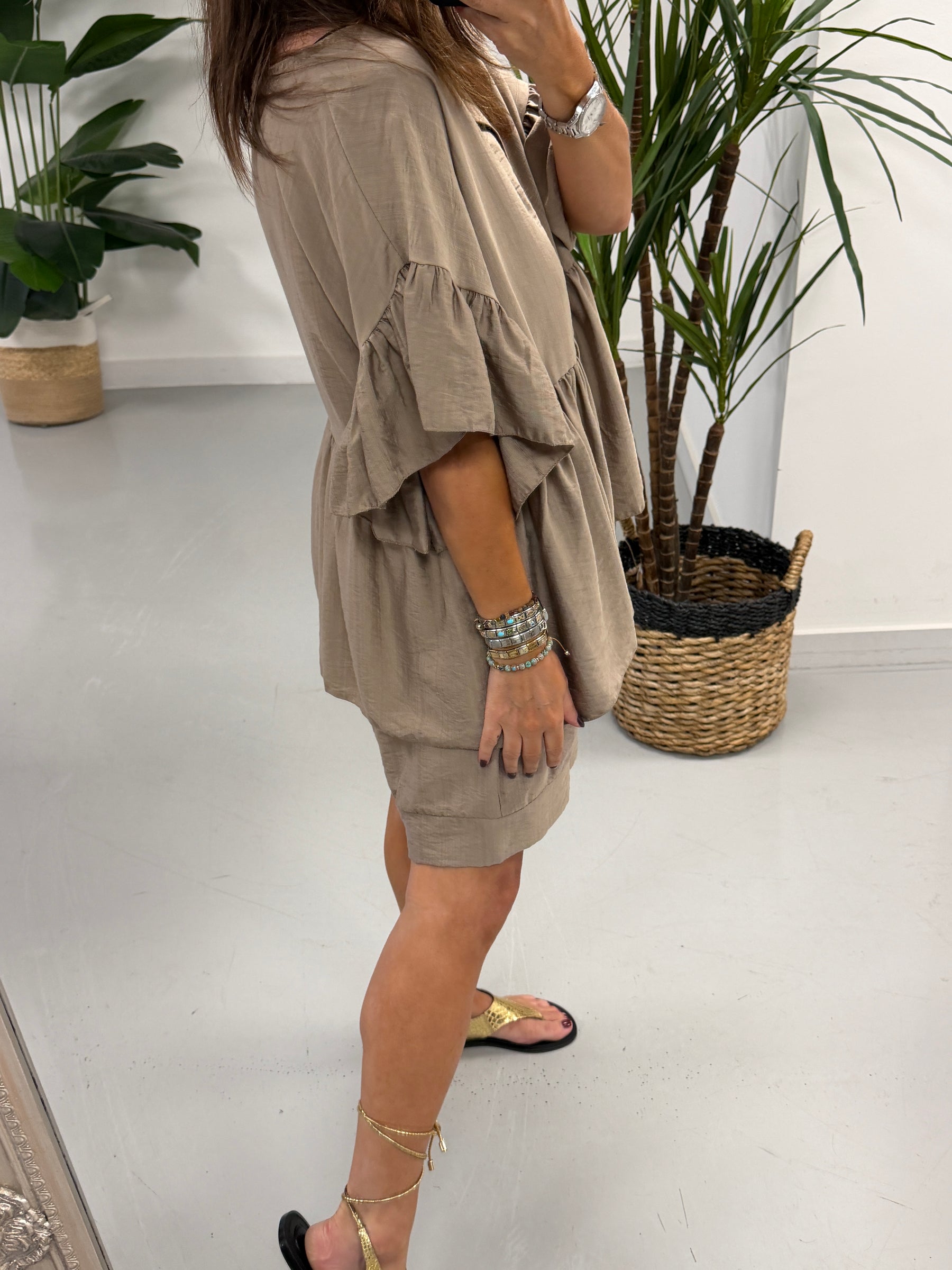 Peplum Button Short Set - Taupe