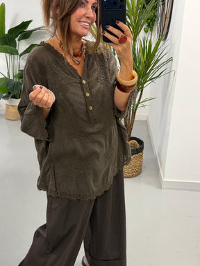 Seville Lace Button Up Top  - Chocolate